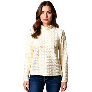 DKNY Jeans Womens Cream Embossed Logo Mock Neck Long Sleeve Top Pullover NWT